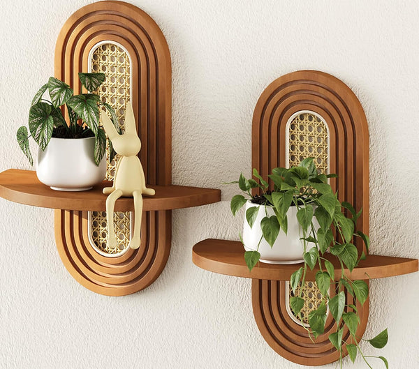 Floating Shelves for Wall, Boho Home Wall Decor,Rattan Plant Shelf Set of 2, Mid Century Small Decorative Shelf, Natural Wood Shelves for Living Room,Bedroom,House,Office (Walnut)1