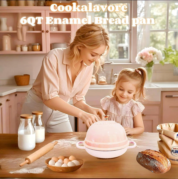 Dutch Oven for Bread Baking,6 Quart Enamel Bread Oven for Sourdough,10.5"Bread Oven with Lid,Bread Pans for Homemade Bread,Pink Thick Enamel Bread Pan-With Silicone Baking Mat&Recipe,Gifts for Family8
