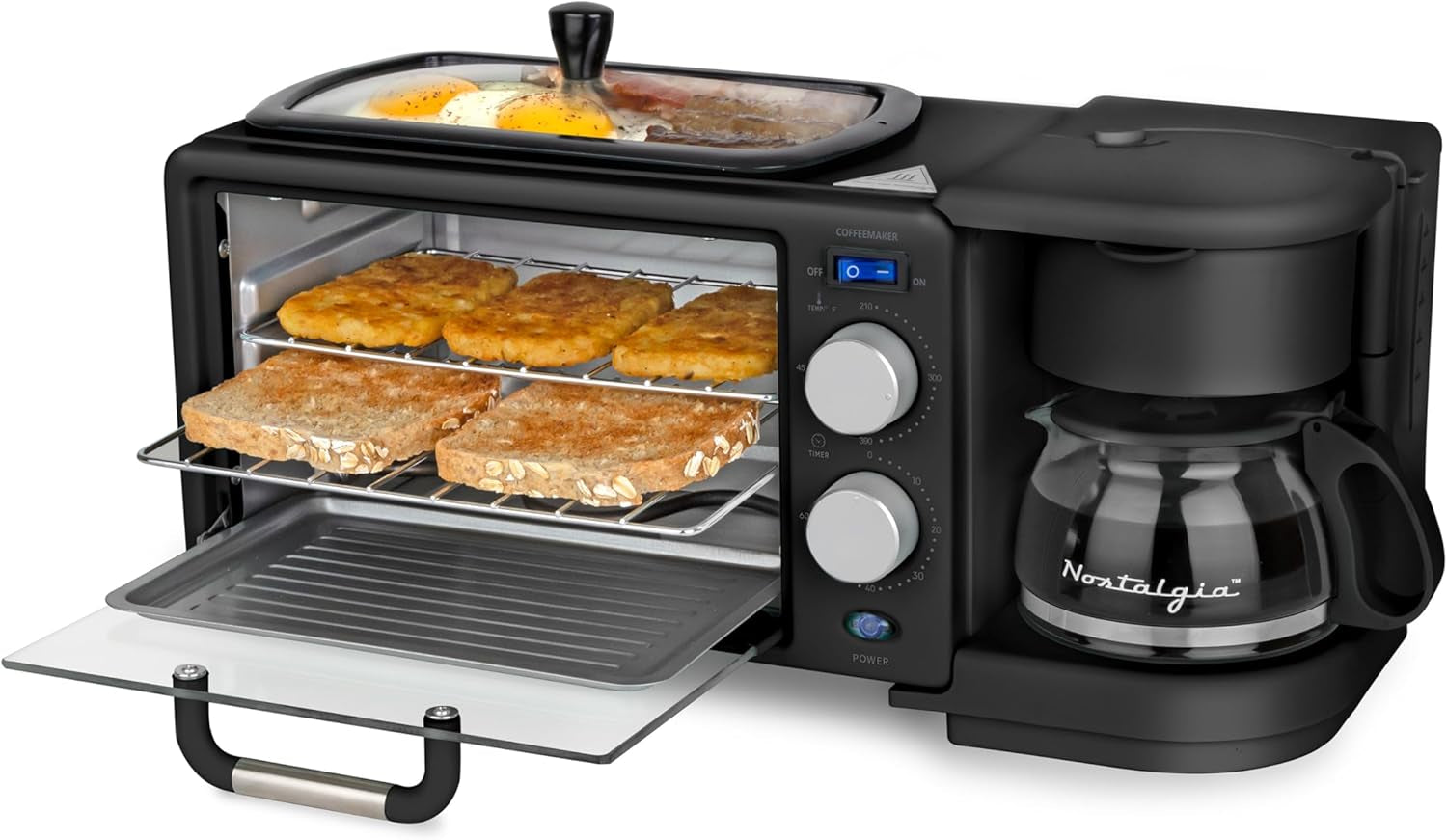 3-in-1-retro-breakfast-station-includes-5-4-oz-cup-coffee-maker-non-stick-ceramic-griddle-and-4-slice-toaster-oven-built-in-timer-reusable-coffee-filter-space-saving-design-black