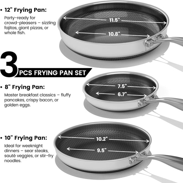 Non Stick Frying Pans Set, 8, 10 and 12-Inch with Lids, Hybrid Fajita Pans Nonstick for Cooking, Stainless Steel Pan Skillets, Dishwasher & Oven-Safe, Induction Ready Cooking Pan, PFOA Free Cookware2