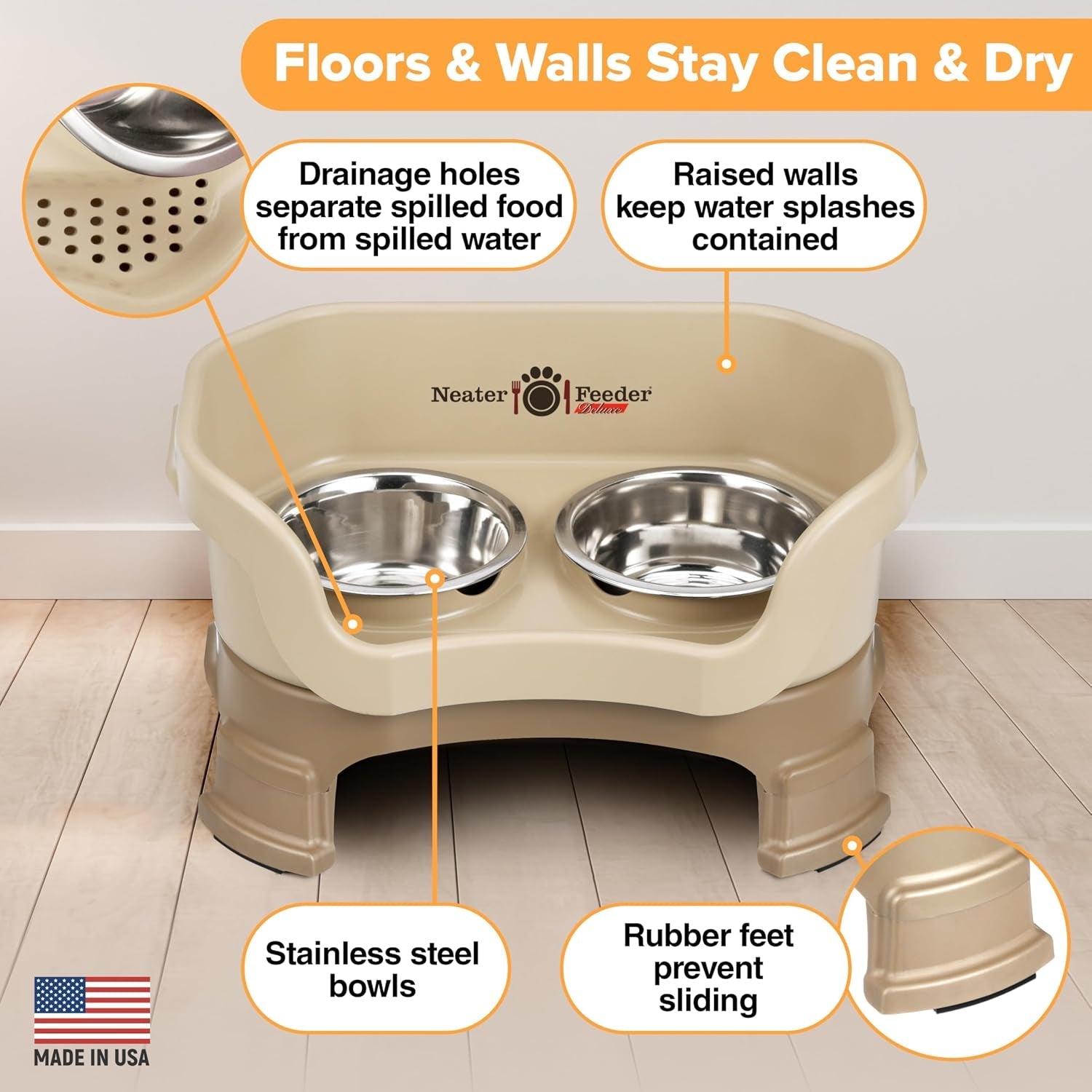 neater-feeder-deluxe-mess-proof-elevated-dog-bowls-for-small-dogs-up-to-19-lbs-2-height-adjustable-6-7-5-no-spill-raised-dog-bowl-stand-stainless-steel-food-bowl-set-made-in-usa-cappuccino