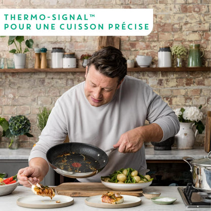 X Jamie Oliver Nonstick Coated Stainless Steel Pans 8", 9.5" & 11", Frypan Set Induction Compatible, Oven Safe up to 500°F, Chef'S Stainless Steel Skillet, Frying Pan, Silver | 3 Frying Pans 7.9/9.4/11 Inch, Titanium Non-Stick Coating, Suitable for Induction, Thermo-Signal, Riveted Handle5