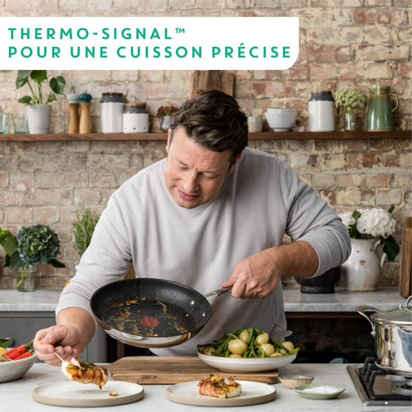 X Jamie Oliver Nonstick Coated Stainless Steel Pans 8", 9.5" & 11", Frypan Set Induction Compatible, Oven Safe up to 500°F, Chef'S Stainless Steel Skillet, Frying Pan, Silver | 3 Frying Pans 7.9/9.4/11 Inch, Titanium Non-Stick Coating, Suitable for Induction, Thermo-Signal, Riveted Handle5