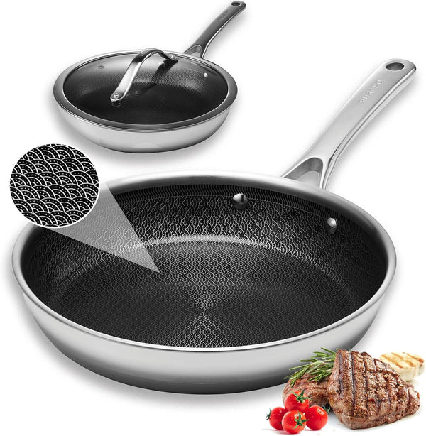 Woks & Stir-Fry Pans Nonstick-Hybrid Tri-Ply Stainless Steel Wok10" Nonstick Skillet with Lid,Wave Etch Textured Interior,Dishwasher Safe & Oven Safe PTFE & PFOA FREE Kitchen Cookware for All Cooktops2