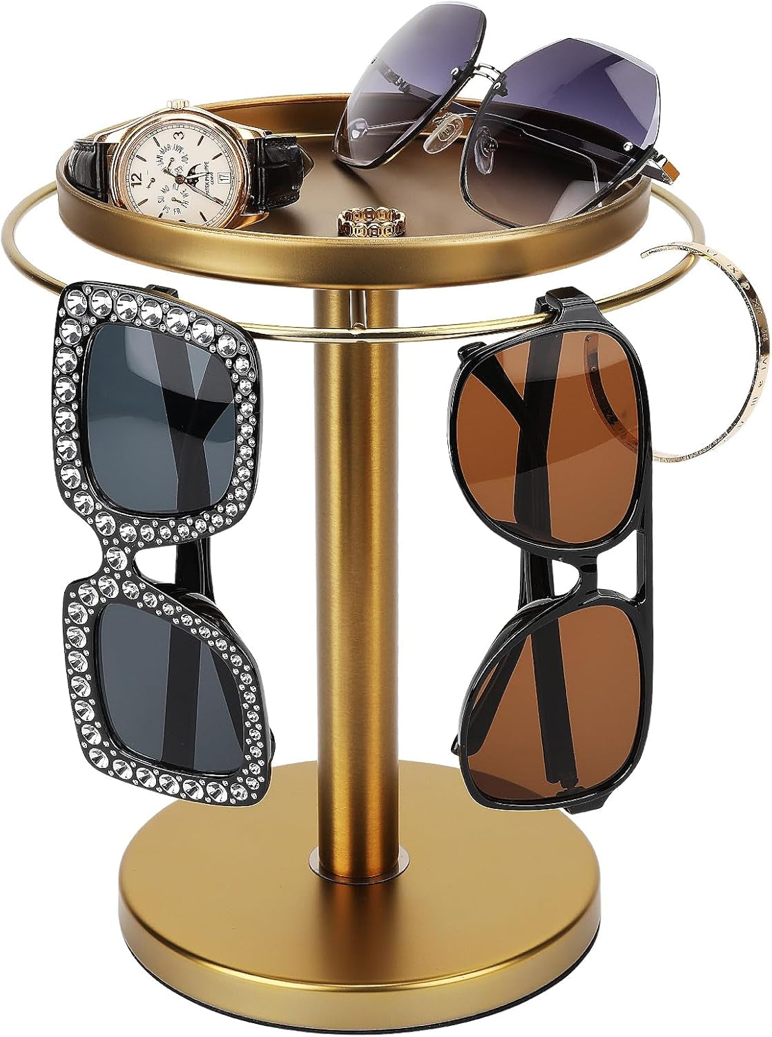 360-rotating-sunglass-organizer-storage-stainless-steel-glasses-holder-stand-glasses-organizer-with-tray-for-desk-dresser-tabletop-nightstand-and-home-decor-gold-stainless-steel-stand-with-360-rotation-holds-9-to-12-pairs-top-tray-stores-rings-and-keys-for-desk-dresser-nightstand