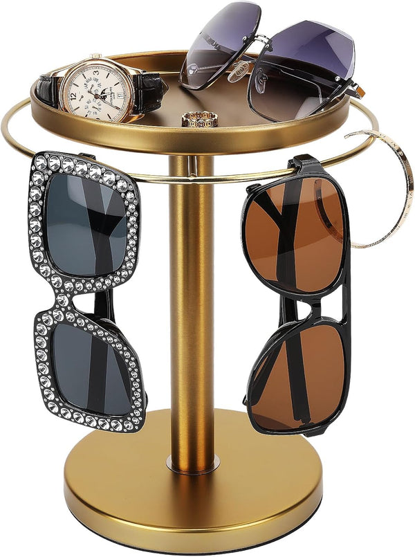 360° Rotating Sunglass Organizer Storage, Stainless Steel Glasses Holder Stand, Glasses Organizer with Tray for Desk, Dresser, Tabletop, Nightstand and Home Decor (Gold) | Stainless Steel Stand with 360 Rotation Holds 9 to 12 Pairs. Top Tray Stores Rings, and Keys for Desk, Dresser, Nightstand1