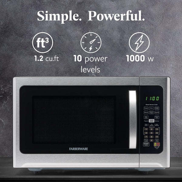 1.2 Cu. Ft. Countertop Microwave Oven – 1000 Watts Power, Smart Sensor Auto Cook Settings, Defrost, Easy Clean and Child Safety Lock - Stainless2