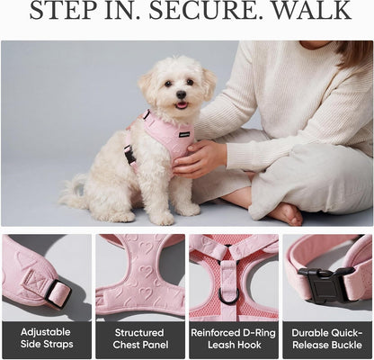 No Pull Harness & Leash Set for Small Sized Dogs, Soft Padded Breathable Neoprene Harnesses, Lightweight Adjustable Step-In Vest with Cute Heart Print & Secure Back D-Ring, Neck 13-17", Chest 16-21"6