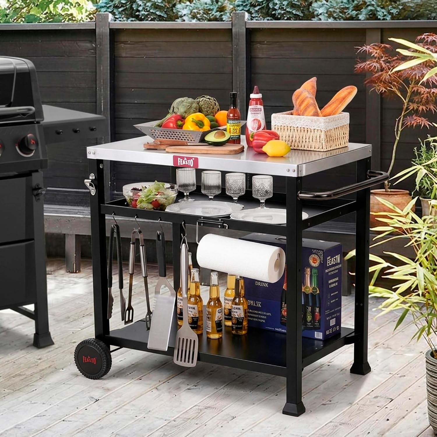 3-shelf-pizza-oven-table-outdoor-grill-cart-33-5-x-21-7-black-stainless-tabletop-with-tank-hook-for-pizza-ovens-griddles-heavy-duty-prep-station-for-patio-bbq-and-deck-parties