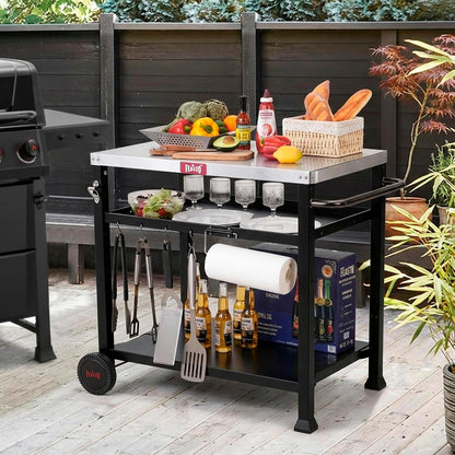 3-Shelf Pizza Oven Table, Outdoor Grill Cart, 33.5" X 21.7", Black | Stainless Tabletop with Tank Hook for Pizza Ovens & Griddles, Heavy-Duty Prep Station for Patio BBQ and Deck Parties2