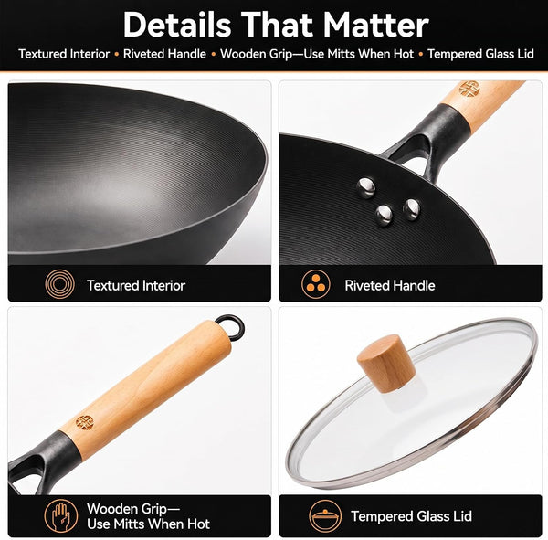 12.6 Inch Carbon Steel Wok Pan with Glass Lid and Spatula, Nitrided Flat Bottom Wok Set, Uncoated Stir Fry Pan for 2-4 Servings, Gas, Electric, Ceramic and Induction Cooktops7