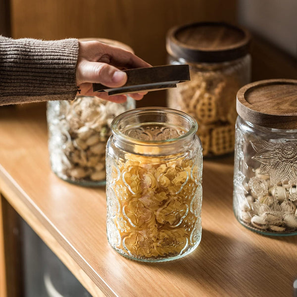 Vintage Glass Kitchen Storage Counter Jar, Kitchen and Pantry Glass Storage, with Airtight Wood Lid for Cookies, Candy, Coffee Tea Beans, Grains,Food Storage Containers (Plum-Pattern*2)5