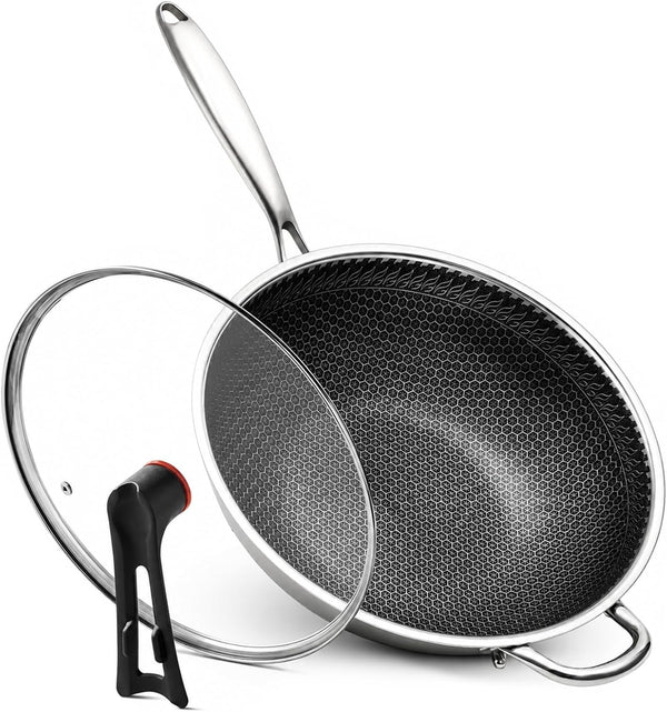 Stainless Steel Wok Pan with Lid, 12.6 Inch Honeycomb Hybrid Nonstick Stir Fry Pan, Tri-Ply Clad Skillet for Induction Electric Gas Stove, Dishwasher Safe, No Seasoning Needed (Serves 3-4)1
