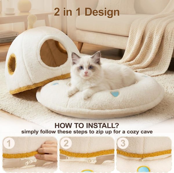 Cat House for Indoor Cats - 2 in 1 UFO Large Cat Bed Cave | Soft Sherpa Fabric, Calming Cozy Hideaway, Removable & Washable Cushion, Spacious for Multi-Cat Families (Up to 25 Lbs)5