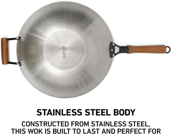Oster Sangerfield 14-Inch Stainless Steel Wok with Wood Handles, Durable Non-Stick Stir Fry Pan for Gas and Electric Stovetops6
