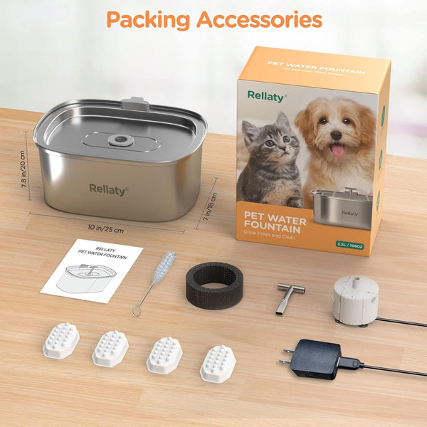 Cat Water Fountain Stainless Steel: 3.2L/108Oz Pet Fountain with 24 Replacement Filters （ 12 Sponge Filters + 12 Carbon Filters ）7