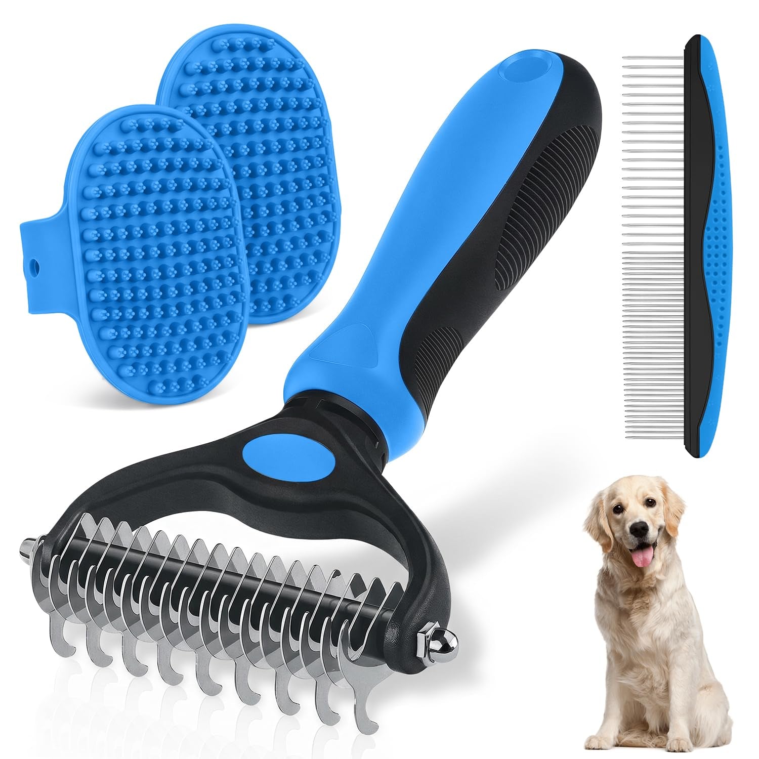 double-sided-pet-grooming-rake-4-in-1-professional-pet-grooming-kit-deshedding-dematting-tool-for-dogs-cats-extra-wide-grooming-brush-deshedder-comb-for-long-short-haired-pets-blue-kit-4pcs