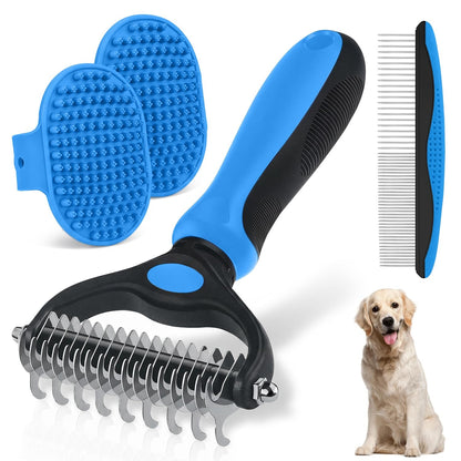 Double-Sided Pet Grooming Rake - 4-In-1 Professional Pet Grooming Kit Deshedding Dematting Tool for Dogs Cats Extra-Wide Grooming Brush & Deshedder Comb for Long & Short Haired Pets (Blue Kit 4PCS)1