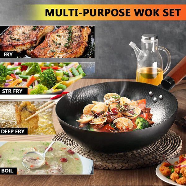14 Piece Carbon Steel Wok Pan, Woks & Stir-Fry Pans Set with Wooden Lid Cookwares, No Chemical Coated Flat Bottom Chinese Pan for Induction, Electric, Gas, Halogen All Stoves - 12.6''4