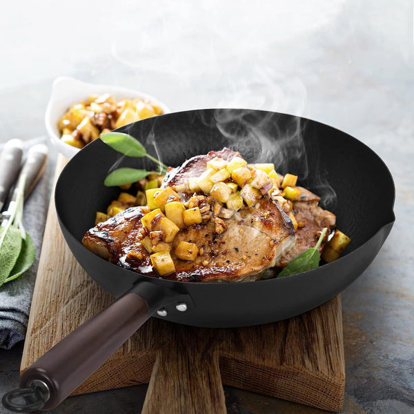 Hand Hammered Carbon Steel Wok, Wooden Lid Asian Spatula with Handle - Stir Fry Pan for Chinese, Japanese, and Cantonese Cuisine – Flat Bottom Wok Cooking by Cookeries / 2 Accessories7