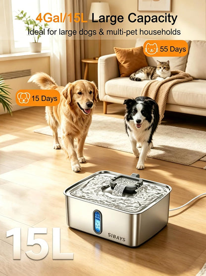 SIBAYS 4Gal/15L Dog Water Fountain for Large Dogs, Stainless Steel Large Pet Water Fountain, Ultra Quiet Automatic Dog Water Bowl Dispenser with Water Level Window and LED Light(Fs78, Silver-Grey)2