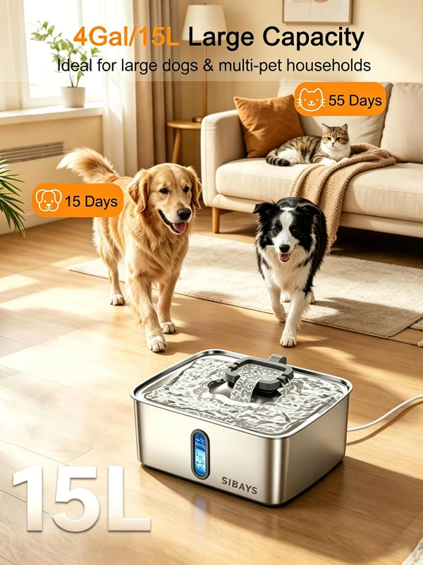 SIBAYS 4Gal/15L Dog Water Fountain for Large Dogs, Stainless Steel Large Pet Water Fountain, Ultra Quiet Automatic Dog Water Bowl Dispenser with Water Level Window and LED Light(Fs78, Silver-Grey)2