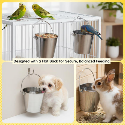 Stainless Steel Flat Side Bucket 1 Quart (0.25 Gallon)- Heavy Duty Hanging Food & Water Pail for Dogs, Cats, Birds, Kennel, Cages & Crates, Durable Rustproof Multi-Purpose Feeding Buckets2