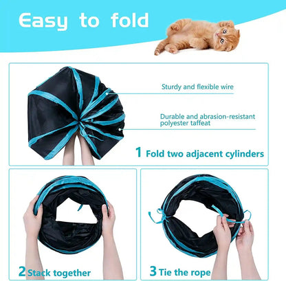 Sheldamy Cat Tunnel, S-2-Way Cat Tunnels for Indoor Cats, Collapsible Cat Play Tunnel, Interactive Toy Maze Cat House with 1 Play Ball for Cats, Puppy, Kitty, Kitten, Rabbit (Blue & Black)4
