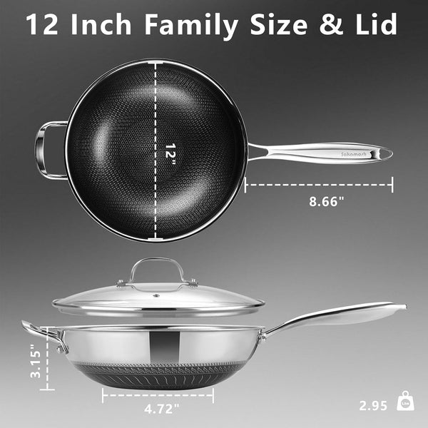 Hybrid 12Inch Wok with Lid, Stainless Steel Woks & Stir-Fry Pans Nonstick, Non Toxic, PFAS PFOA PTFE Free, Dishwasher and Oven Safe, Works on Induction8
