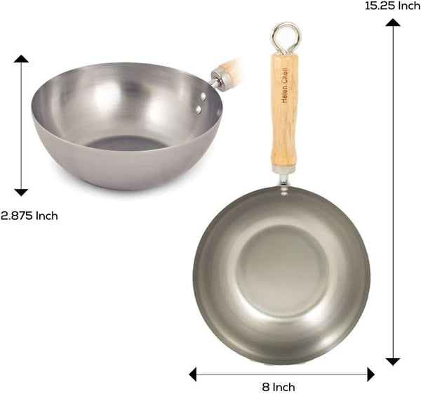 Carbon Steel Mini Wok, 8-Inch, Flat Bottom Chinese Stir Fry Pan with Rubberwood Handle for Single-Serve Stir Fry, Fried Rice, Noodles, and Asian Cooking2