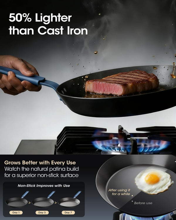 Carbon Steel Frying Pan Set, 8 10 12 Inch Nitrided Skillets | Complete Size Range for Everyday Cooking; Preseasoned Surface Develops Natural Patina without Coatings7