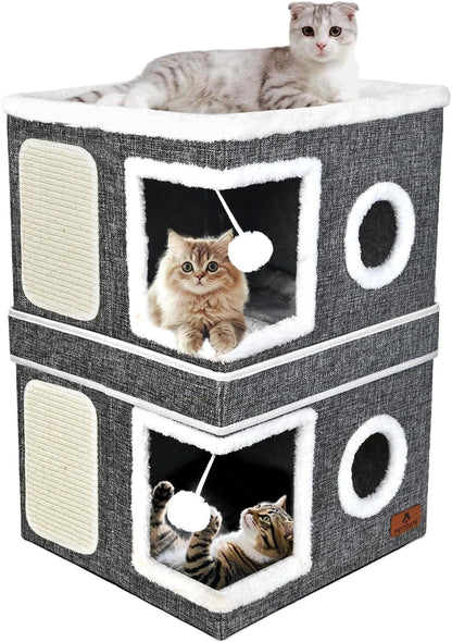 Cat Beds for Indoor Cats, Large Cat Cave Bed with Scratch Pad and Fluffy Ball, Foldable Cat Hideaway, Cat House with Reversible Cushion for Multi Small Pet up to 30LBS, Grey10