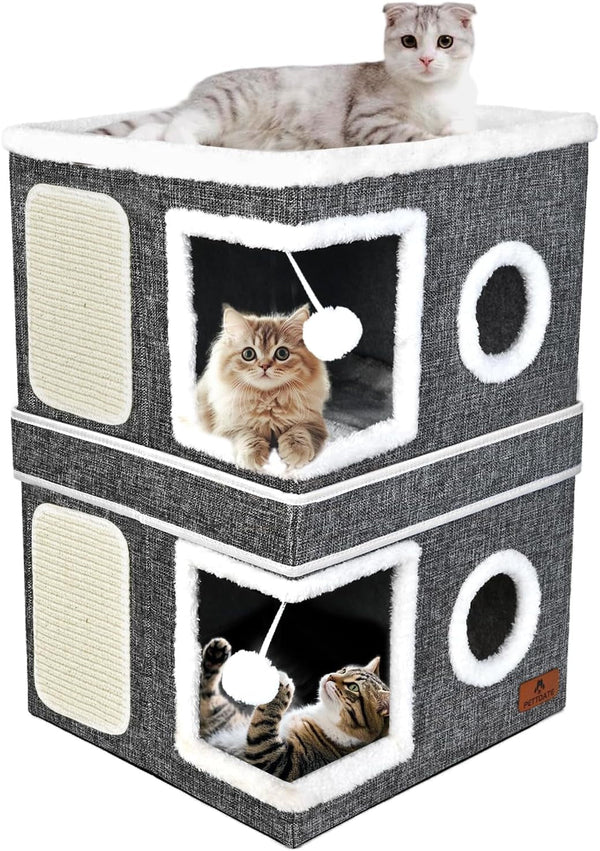 Cat Beds for Indoor Cats, Large Cat Cave Bed with Scratch Pad and Fluffy Ball, Foldable Cat Hideaway, Cat House with Reversible Cushion for Multi Small Pet up to 30LBS, Grey10