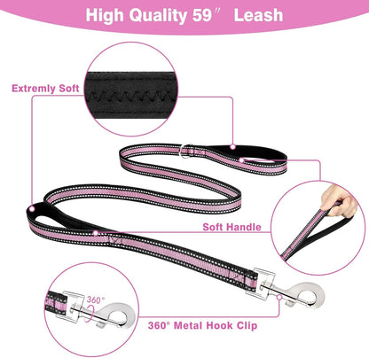 WINSEE Pet Harness Collar and Leash Set, All-In-One Reflective Dog Harness No Pull with Adjustable Buckles for Puppies, Small, Medium, Large, and Extra-Large Dogs (Large, Pink)4