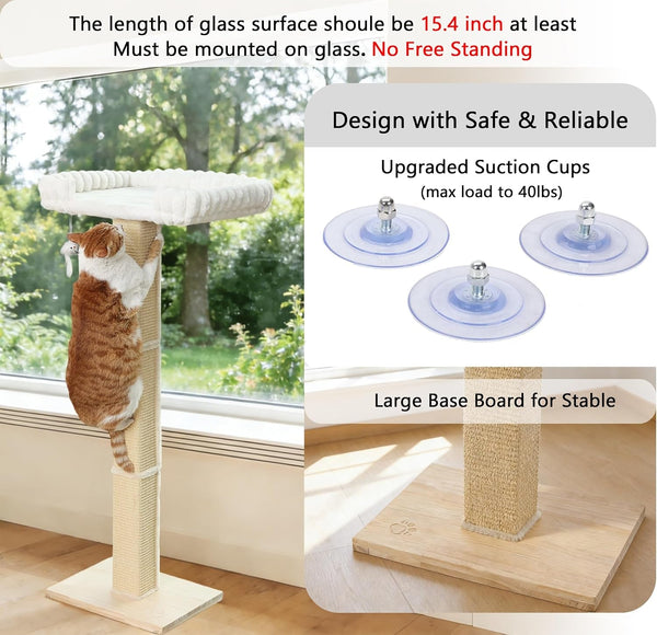 Cat Scratching Post with Large Window Perch, 47-Inch Tall Sisal Cat Tree | Glass Suction-Cup Mounting; for Large Cat & Maine Coons; Thick Square Sisal Post; Ultra-Soft Bolstered Bed; Hold up to 45 Lbs3