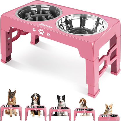 Jovrun Elevated Dog Bowls for Medium Large Size Dogs, Non-Slip Dog Feeder with 1*Stainless Steel Dishes & 1*Slow Feeder Bowl, 5 Heights Adjustable Raised Bowls to 3.15″-8.66″-9.84″-11.02″-12.2″11