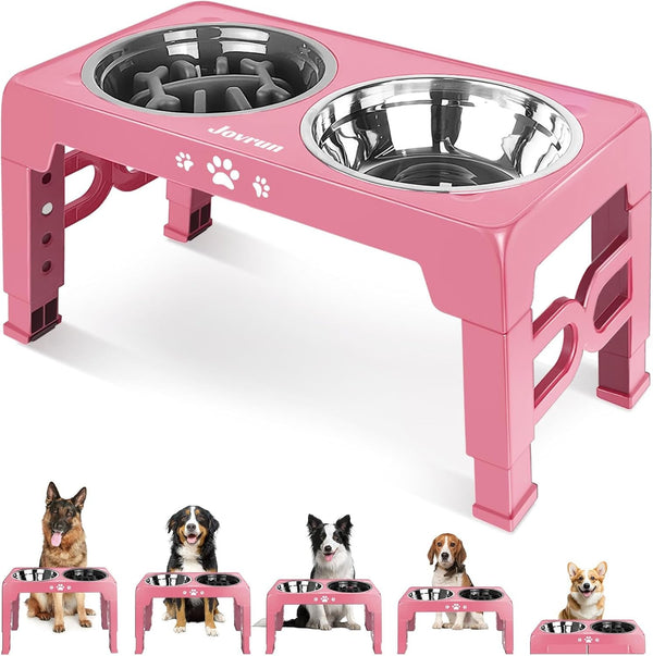 Jovrun Elevated Dog Bowls for Medium Large Size Dogs, Non-Slip Dog Feeder with 1*Stainless Steel Dishes & 1*Slow Feeder Bowl, 5 Heights Adjustable Raised Bowls to 3.15″-8.66″-9.84″-11.02″-12.2″11