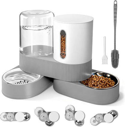 2 in 1 Automatic Gravity Cat Dog Feeder and Water Dispenser with 304 Stainless Steel Bowls, 360 Degree Rotatable Auto Food with 2 Specialized Brushes for Small Medium Pet Dog Puppy Kitten (Gray)1