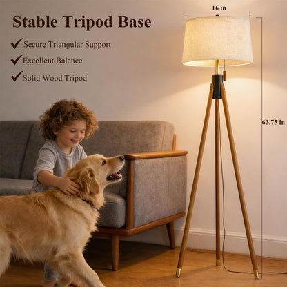 Mid Century Tripod Floor Lamp with Pull Chain,Black & Gold Finish | Two-Tone Solid Wood Design,Linen Tapered Drum Shade,Tall Standing Lamp for Living Room,Bedroom & Reading Corner,Bulb Included4