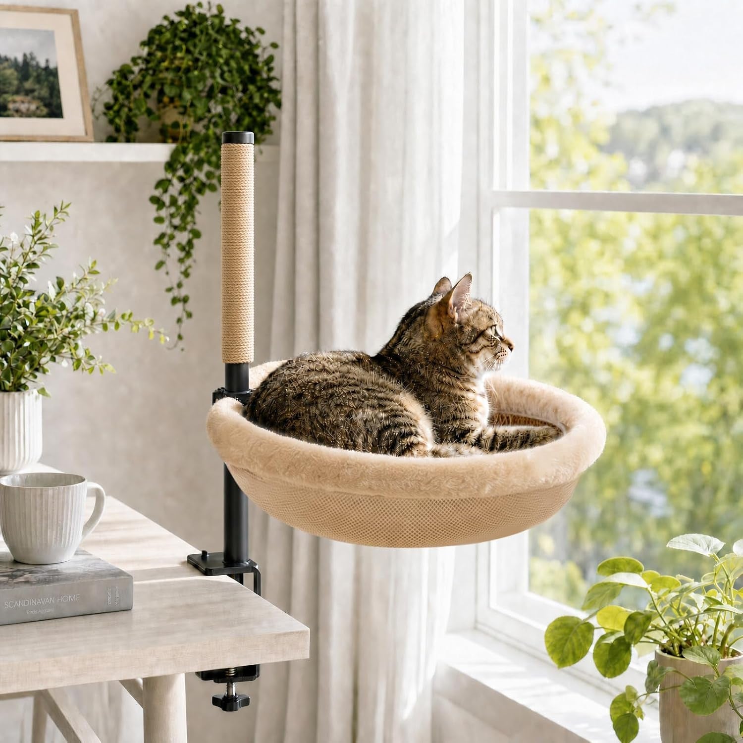 cat-desk-bed-with-scratching-post-clamp-on-360-rotating-camel-adjustable-height-reversible-machine-washable-cover-alloy-steel-frame-space-saving-perch-supports-cats-up-to-45-pounds