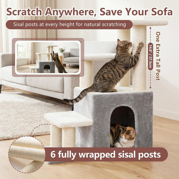 Heybly Cat Scratching Post, Pet Steps for Indoor Cats and Dogs, HSP002SWWH | Small Cat Tree with Cat Condo, Pet Stairs with Full Wrapped Sisal Posts & Soft Plush Fabric, Light Gray & White6