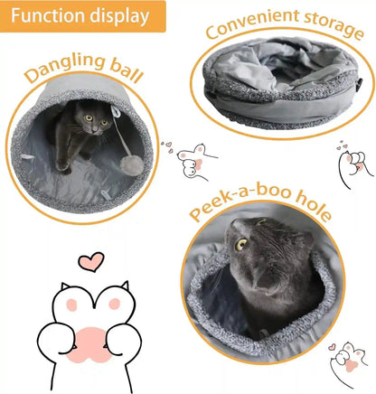 Cat Tunnel for Indoor Cats, 51×12 Inch Foldable Big Cat Tunnel, Grey Suede Pet Tunnels with Two Peepholes and a Bubble Ball2