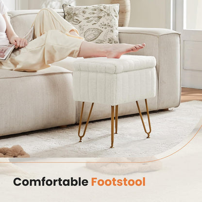 Vanity Stool Chair Ottoman with Storage, Makeup Cute Soft Small Footstool Modern Style Faux Fur Seat with 4 Metal Legs & Adjustable Feet for Dressing Living Room Bedroom Dorm5