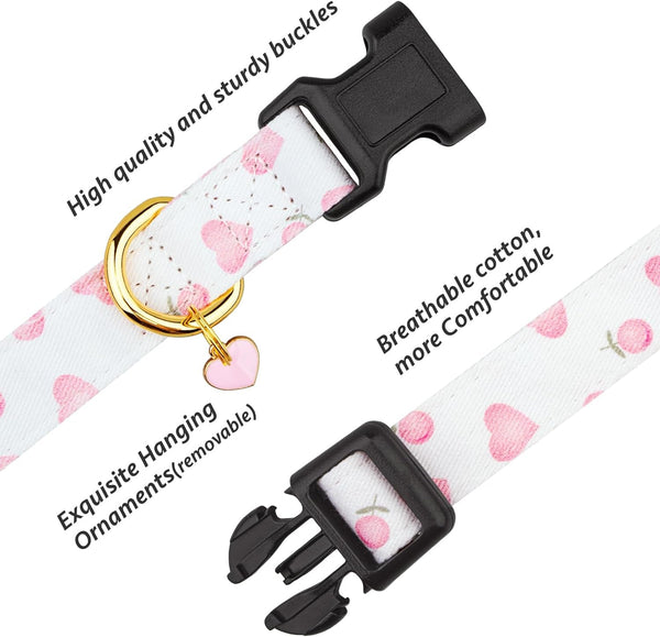 Cotton Dog Collar White and Pink Love Heart with Pendant Cute Dog Collar S | Handmade Distinctive Patterns Skin-Friendly and Breathable Girl Boy Dogs Collars2