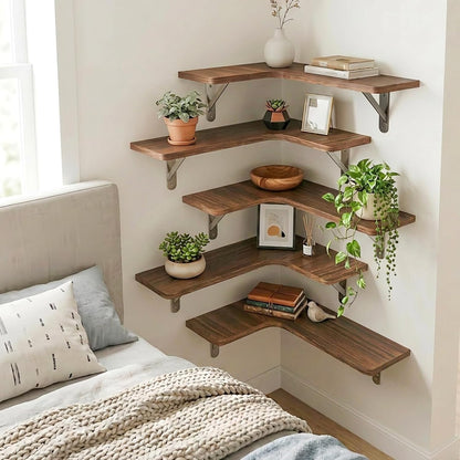 Conner Floating Shelves for Wall Decor, Dark Carbonized Black 5Pcs | Solid Wood Shelf with Metal Brackets, Holds 40 Lbs. Optimizes Corner Storage. Fits Bathroom, Kitchen, Bedroom & Living Room.2