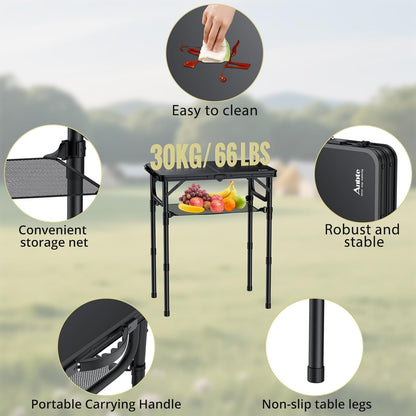Folding Camping Table, 24"X 16" Adjustable Height Small Folding Table | with Storage Net, Aluminum Compact Folding Table, Lightweight, Portable Table for Outdoor Travel Cooking Picnic, Pure Black4