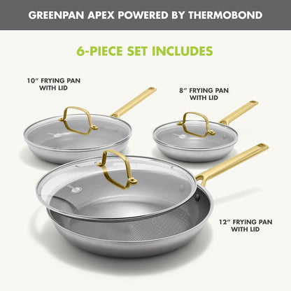 Hybrid 6 Piece (8",10" & 12") Stainless Steel Skillets with Lids | APEX Tri-Ply Frying Pans, Pfas-Free Nonstick, Induction & All Cooktop Compatible, Dishwasher & Oven Safe up to 850F, Gold5