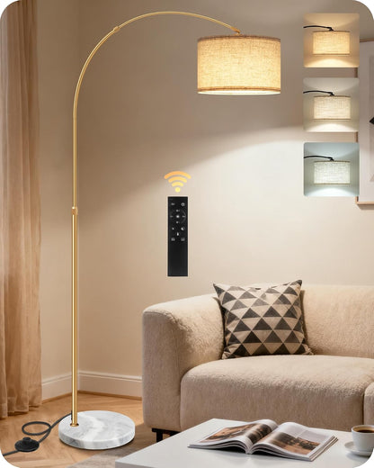 75" Arc Floor Lamp with Marble Base and Adjustable Height, Rotating Hanging Shade, Dimmable Gold Floor Lamp for Living Room with Remote and Foot Switch, 3 Color Temperatures, Timer, DE15LD051