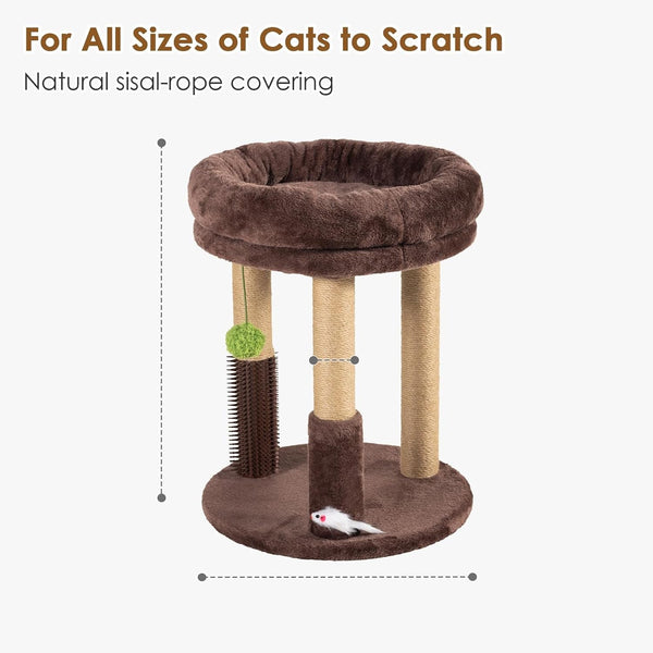 21” Tall Cat Scratching Post with Plush Cat Bed | Stable Cat Tree for Indoor Cats, Interactive Toy & Grooming Brush Included2