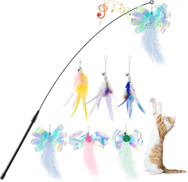 Pawaboo Feather Teaser Cat Toy - Interactive Wand with Extra Long 34.5" Wand and Small Bell, Fun Exerciser Playing Toy for Kittens or Cats, Brown Feather19